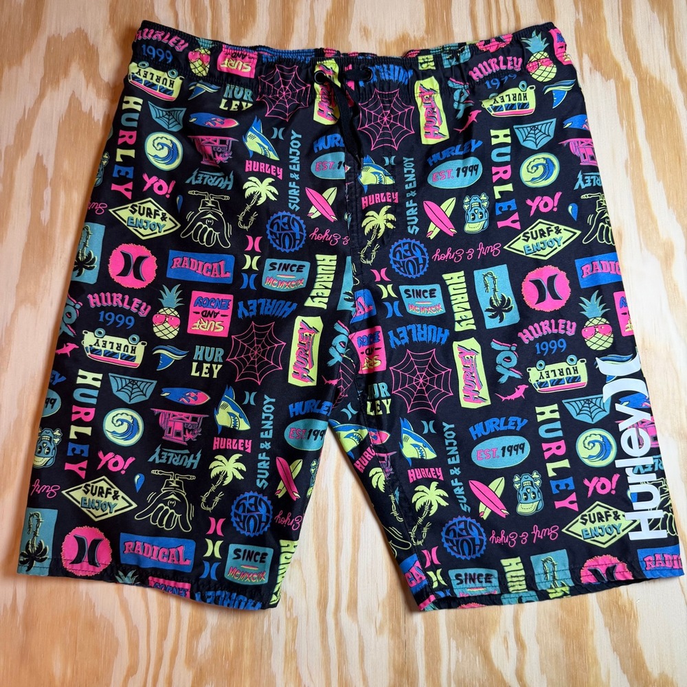 Hurley Boys Large Board Shorts Neon Graphic Print Swim Trunks Black Multi L
